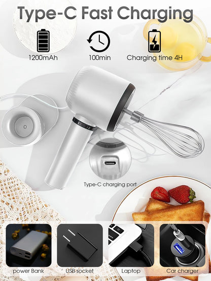 USB Rechargeable Electric Hand Blender Wireless Portable Hand Whisk Rechargeable 3-Speed And 2 Whisk For Baking Whisk Milk Cream