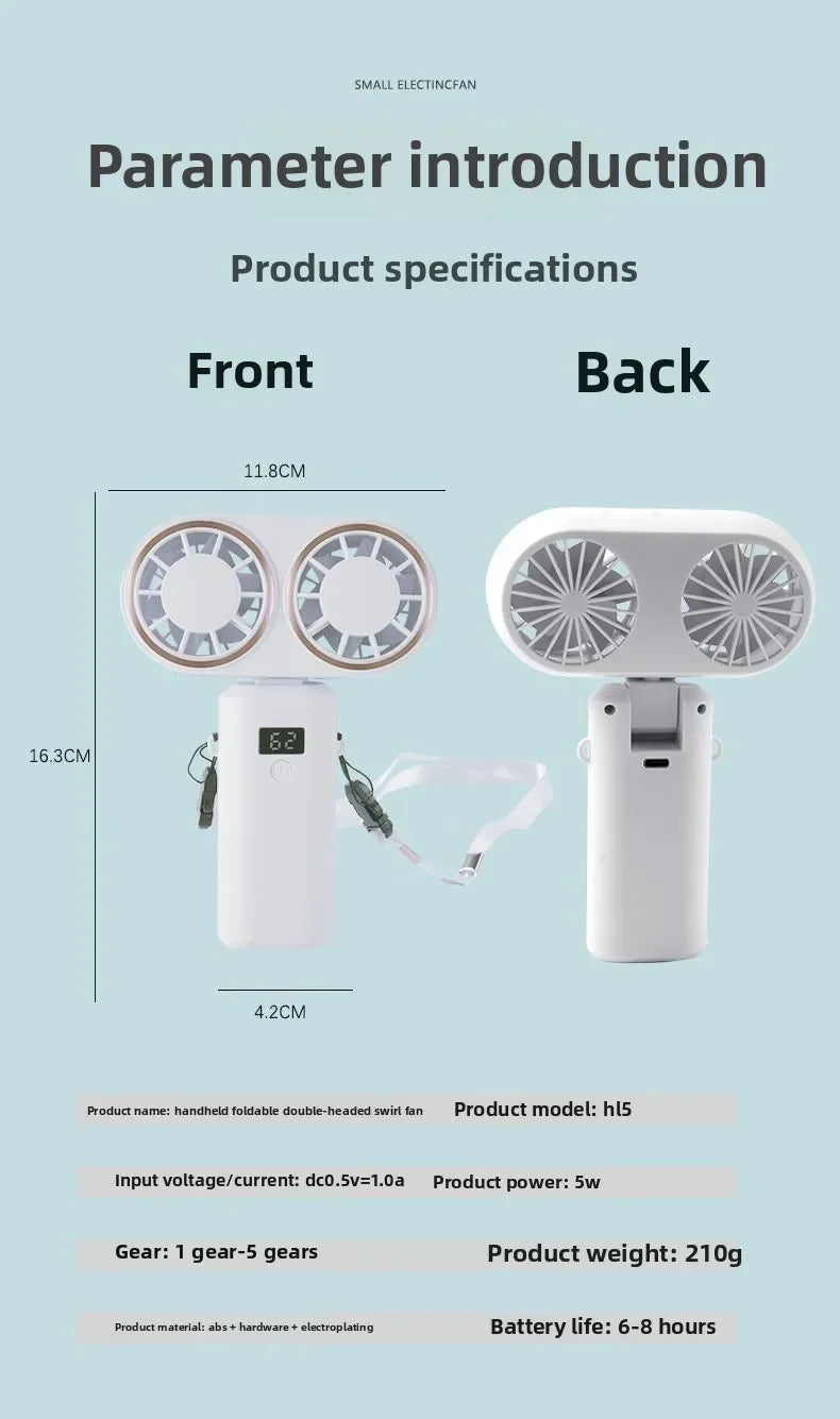 New Handheld USB Small Fan Double-headed Handheld Fan with Long Battery Life Mini Rechargeable Portable Electric Fan.