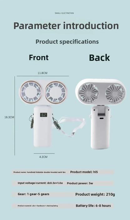 New Handheld USB Small Fan Double-headed Handheld Fan with Long Battery Life Mini Rechargeable Portable Electric Fan.