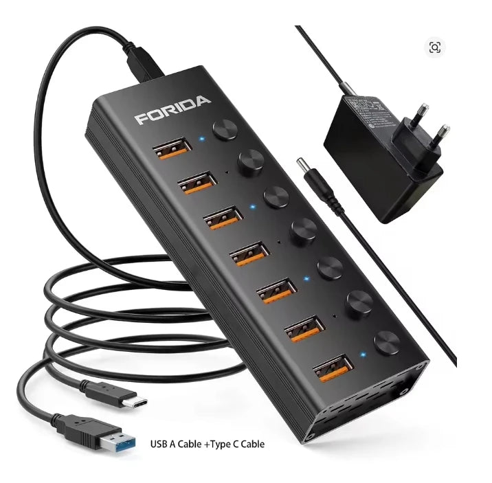 FORIDA USB C Hub 3.2 10Gbps 4/7 Port Aluminium Alloy Docking Stations Splitter LED Switches Adapter for MacBook Laptop Phone