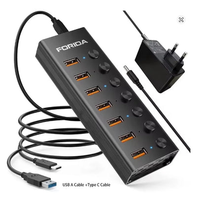 FORIDA USB C Hub 3.2 10Gbps 4/7 Port Aluminium Alloy Docking Stations Splitter LED Switches Adapter for MacBook Laptop Phone