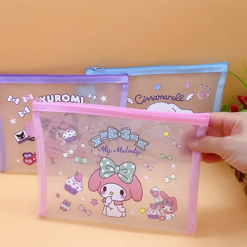 Sanrio Mesh Pen Bag Kuromi Cinnamoroll Cartoon Student Waterproof Storage Bag Translucent Matte Student Supplies