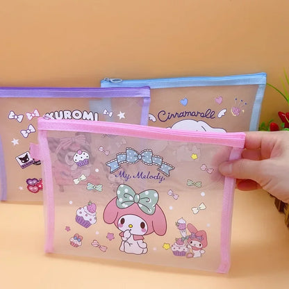 Sanrio Mesh Pen Bag Kuromi Cinnamoroll Cartoon Student Waterproof Storage Bag Translucent Matte Student Supplies