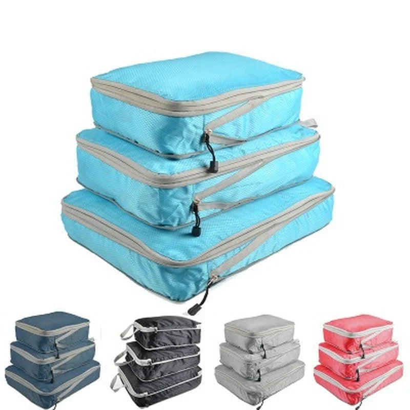 3pcs/set Compression Packing Cubes Travel Storage Bag Luggage Suitcase Organizer Set Foldable Waterproof Nylon Material