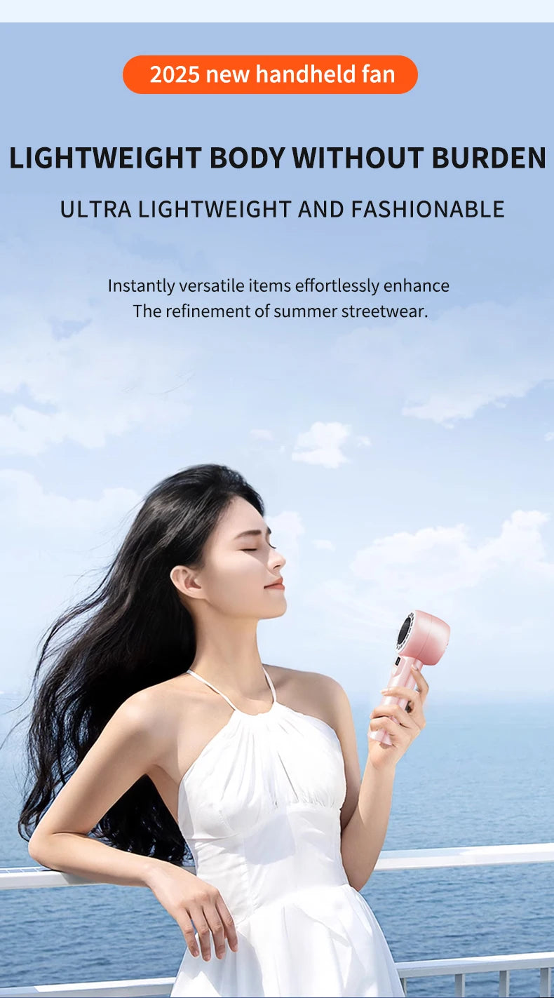 Digital display handheld fan with outdoor portability, USB rechargeable, featuring strong wind power, extended battery life.