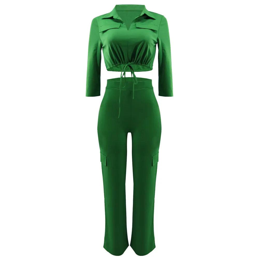 Elegant Office Women Two Piece Sets Autumn V Turn-down Neck Half Sleeve Drawstring Lace Up Short Shirt + Wide Leg Trousers Set