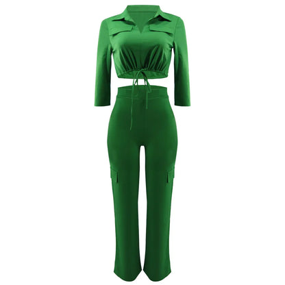 Elegant Office Women Two Piece Sets Autumn V Turn-down Neck Half Sleeve Drawstring Lace Up Short Shirt + Wide Leg Trousers Set