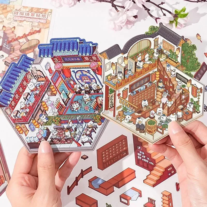 Cartoon 3D Chinatown Landscape Sticker Theater Pharmacy Restaurant DIY Pocket Cabin Scene Stickers Gift for Kid Child