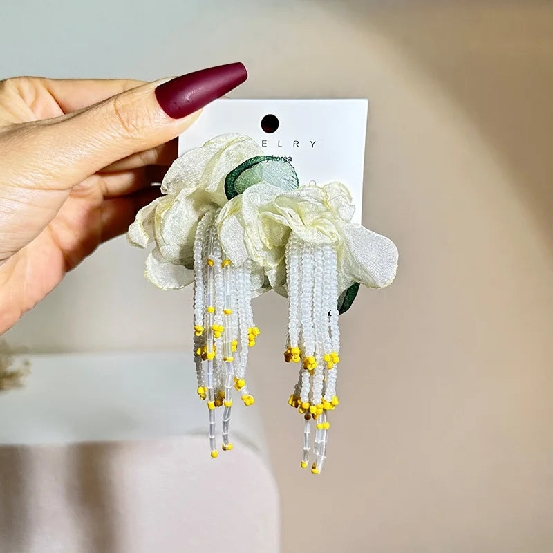 Bohemian Fabric Long Flower Earrings Big Statement Earrings Fringe Beads Drop Earrings Women Jewelry Handmade Vintage Earrings