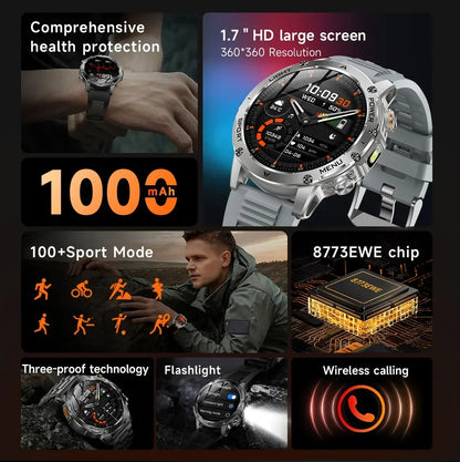 New For HUAWEI 1000mAh Large Capacity Battery Smart Watch Men Outdoor Flashlight BT Call Waterproof Sport Fitness SmartWatches