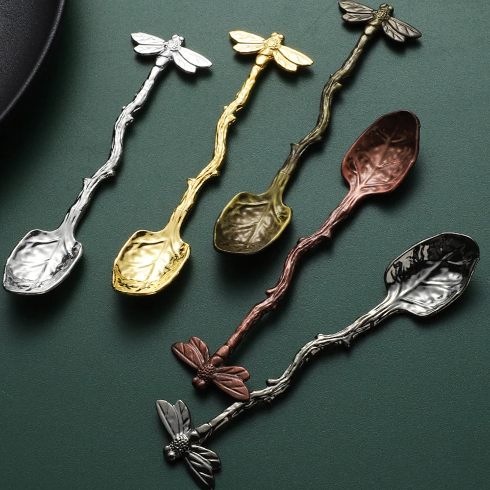 Retro Dessert Spoon Dragonfly Twig Decorative Stirring Spoon Alloy Leaf Spoon Lightweight Portable Coffee Tea Spoon Kitchen Tool