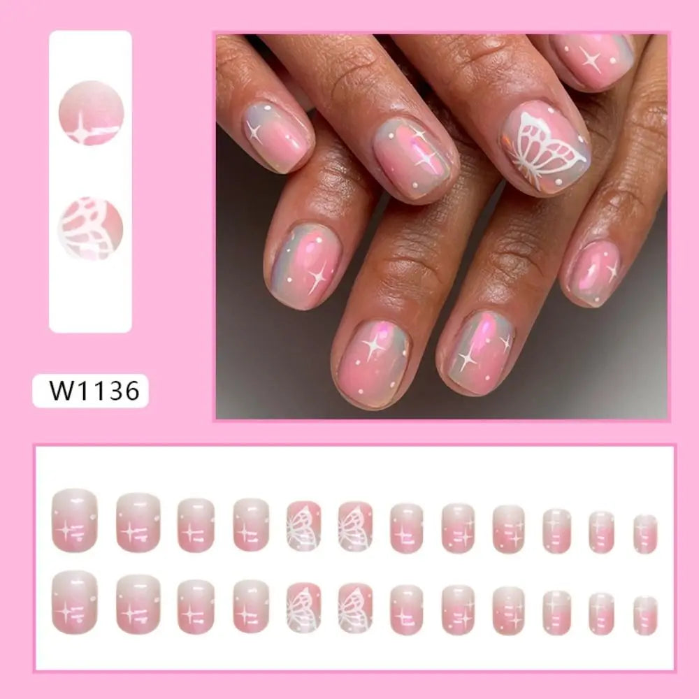 24pcs Short Square French Pink Cartoon Snail False Nails  Full Cover Detachable Nail Tips Press on Nails