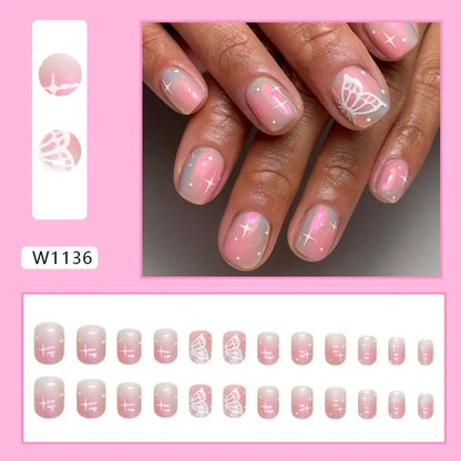 24pcs Short Square French Pink Cartoon Snail False Nails  Full Cover Detachable Nail Tips Press on Nails