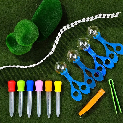 Sports skill development tool kit, including extra large test tubes, colored silicone droppers, durable orange storage boxes and