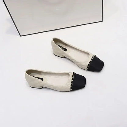 Office Woman Footwear Beige Fashion Leather Casual Shoes For Women Block Heel Square Toe Low Elegant Popular Vacation Spring Y2k