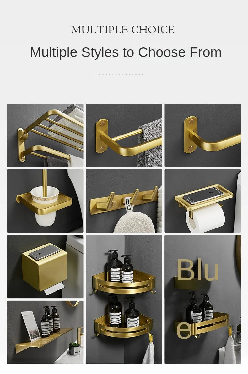 Bathroom Accessories Brushed Gold Space Aluminum Towel Rack Shelf European Hardware Pendant Set Storage Bar Paper Holders