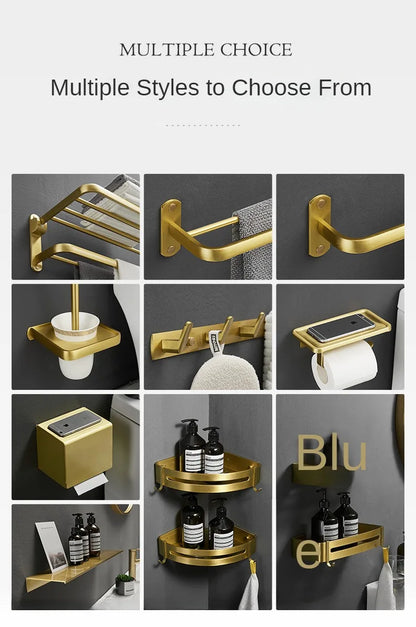 Bathroom Accessories Brushed Gold Space Aluminum Towel Rack Shelf European Hardware Pendant Set Storage Bar Paper Holders