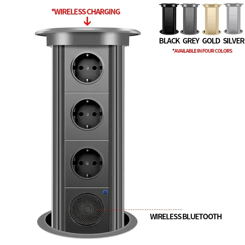 Motorized Pop up Tower Socket Wireless Charger Automatic Power Plug Desktop Worktop ,Eu Fr Socket USB Type-C Bluetooth Speaker