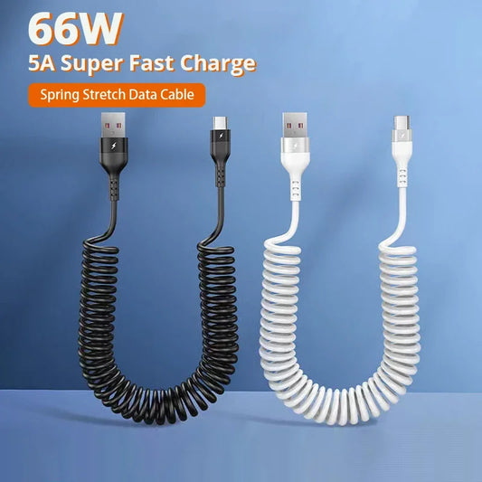 5A Fast Charging Spring Data Cable 66W Retractable USB Type C Cable For Huawei Xiaomi Redmi Phone Charger Quick Charge Data Cord