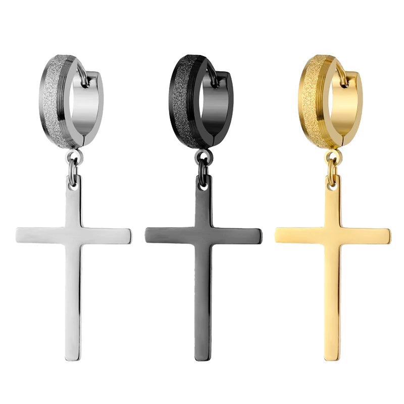Punk Stainless Steel Frosting Hoop Earrings Design Women Men Pierced Cross Ear Jewelry Accessories Party Dangle Earring