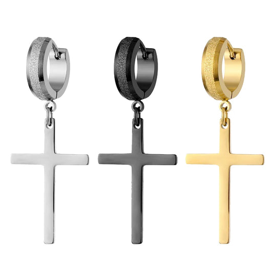 Punk Stainless Steel Frosting Hoop Earrings Design Women Men Pierced Cross Ear Jewelry Accessories Party Dangle Earring