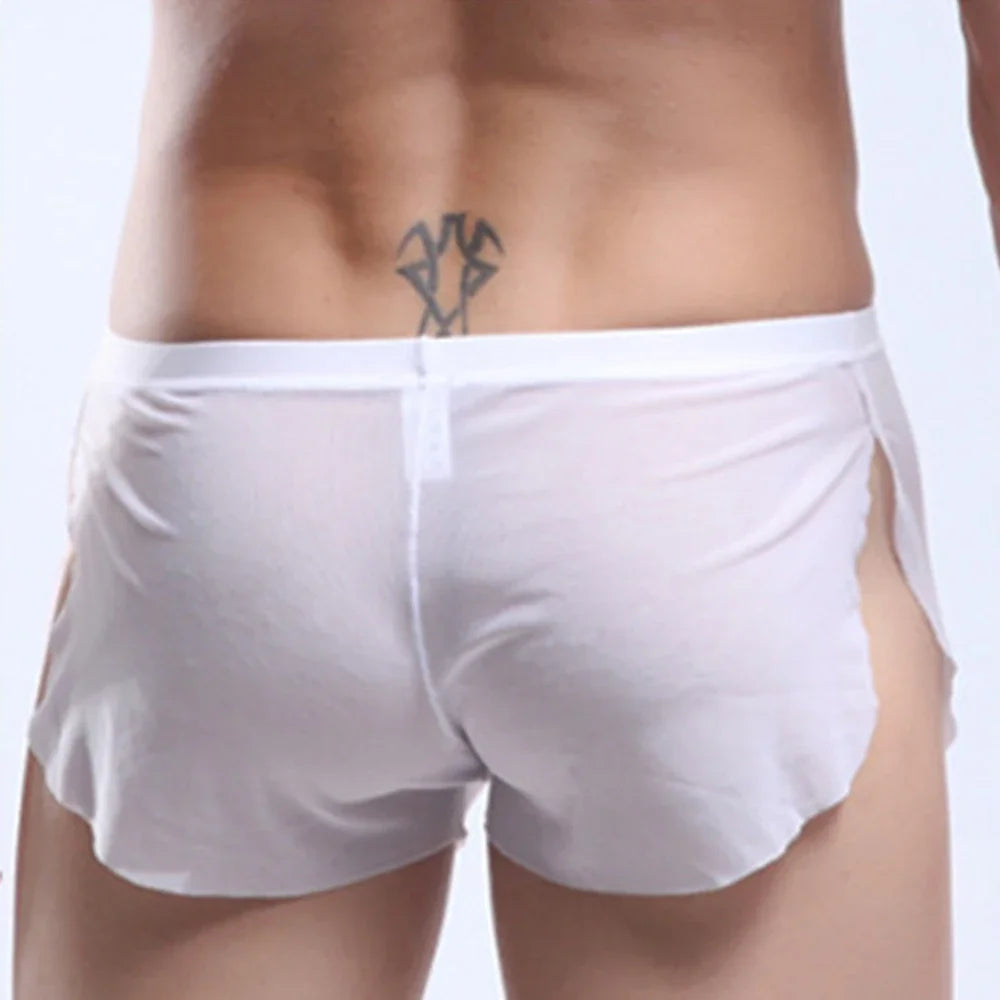 Mens Sexy Underwear Wet Look Lingerie Breathable Pouch Boxer Shorts Side Split Trunks Quick Dry Underpants Ultra Thin Panties