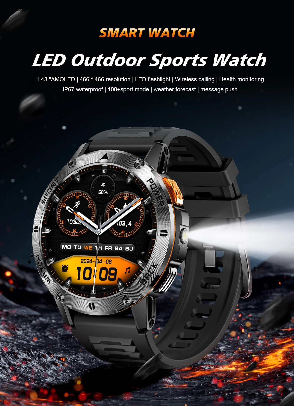 New Military Sports GPS Smart watch AMOLED HD IP68 outdoor NFC Sport Watch Fitness tracker Health monitor BT call LED flashlight