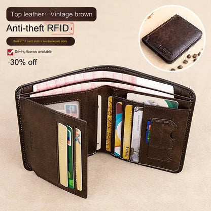 Men's Wallets RFID Blocking Genuine Leather Trifold Business Short Purse Wallet for Men with ID Window and Credit Card Holder