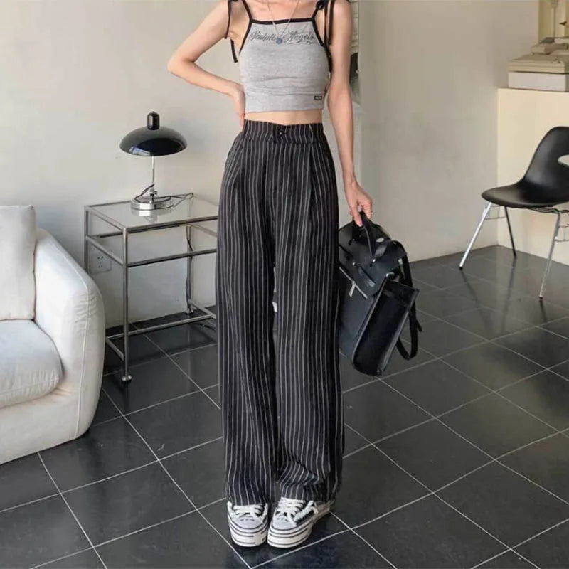 Women's Formal Office Wear Suit Pants Vintage High Waist Baggy Striped Pants Woman Korean All-Match Straight Trousers Female