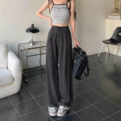 Women's Formal Office Wear Suit Pants Vintage High Waist Baggy Striped Pants Woman Korean All-Match Straight Trousers Female