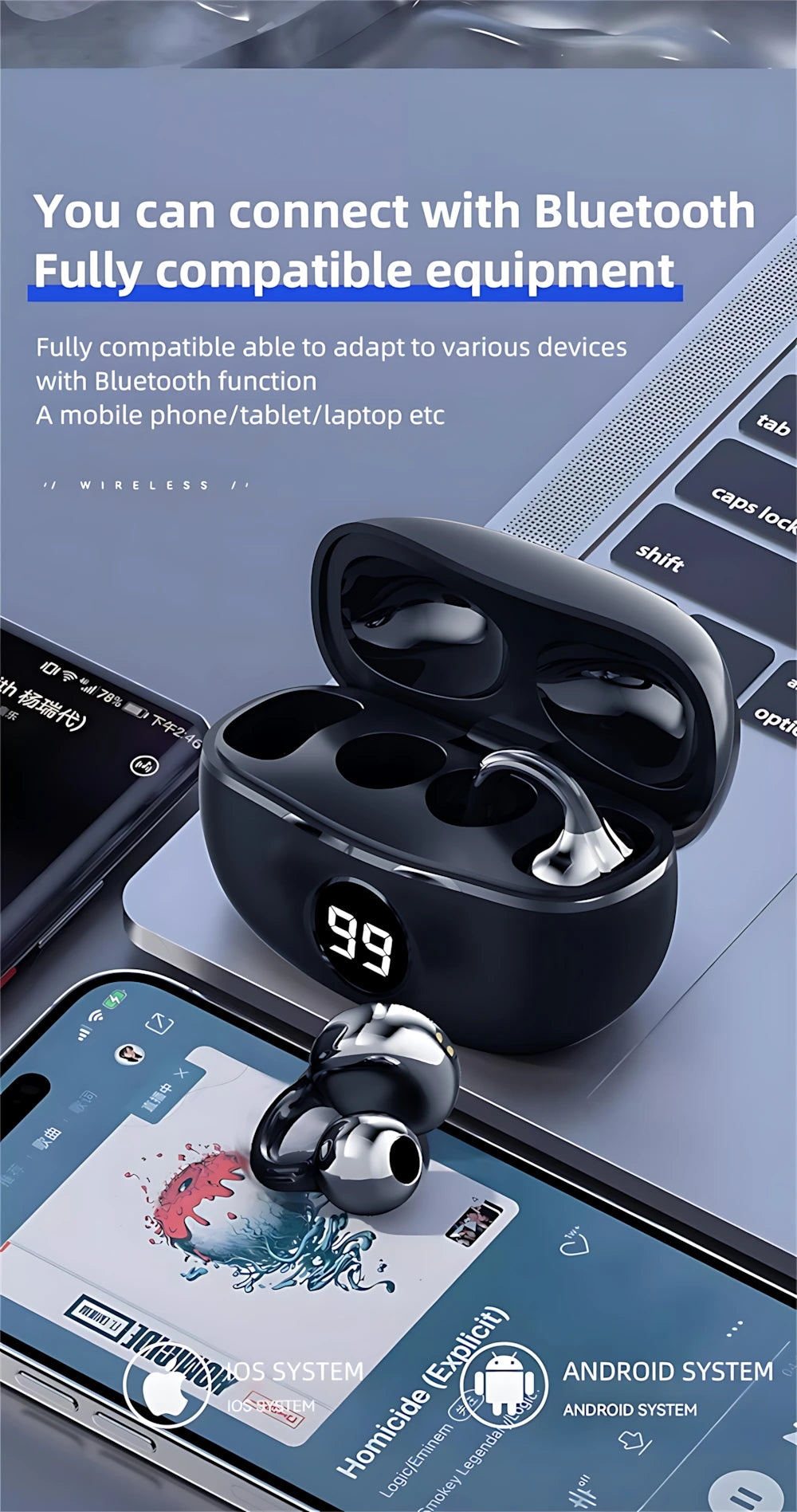 Wireless Headphones Fone Bluetooth Headset With Mic Handsfree Noise Canceling Earphones Clip Ear Music  Sports Gaming Earplug