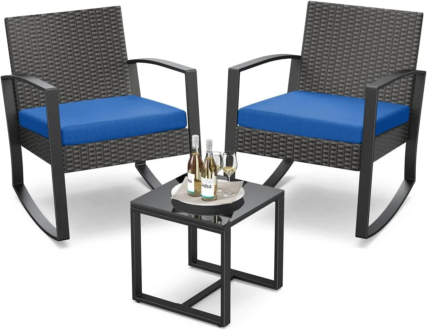 3 Pieces Patio Furniture Set Rocking Bistro Set Outdoor Rattan Conversation with Coffee Table for Garden Balcony Backyard