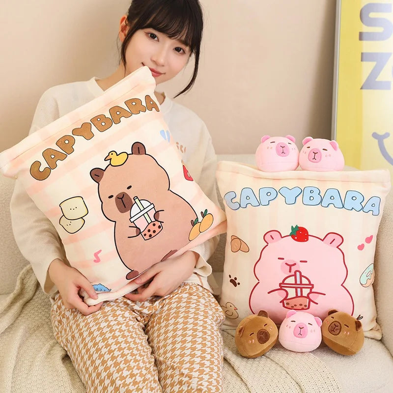 A Plushies Bag Pudding Toys Puff Balls Mini Cute Stuffed Animal Capybara Doll Removable Set Plush Pillow Snack Cushion Kids Gift