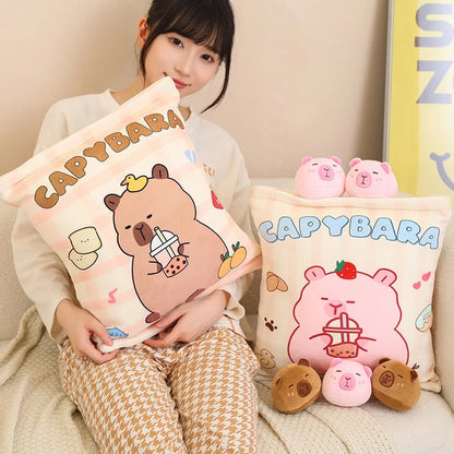 A Plushies Bag Pudding Toys Puff Balls Mini Cute Stuffed Animal Capybara Doll Removable Set Plush Pillow Snack Cushion Kids Gift