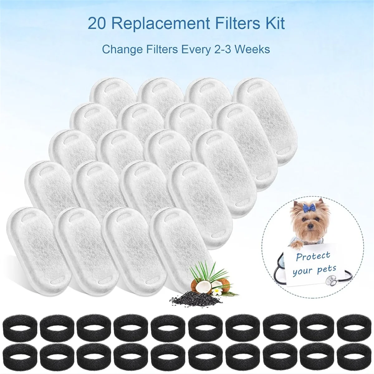 XFDZ 40PCS Cat Water Fountain Filters for 67oz/2L and 108/3.2L Stainless Steel Pet Fountain Cat Replacement Filters Sponges