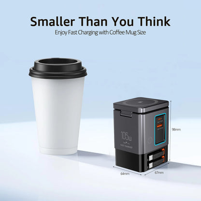 6-in-1 Charging Station with Retractable USB-C Cable Power Combo Tower 105W for Multiple Devices Fast Charger for iPhone Airpod