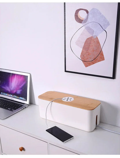 Cable Storage Box Power Strip Case Wooden Power Line Wire Management Organizer Anti-Dust Charger Socket Network Line Storage Bi