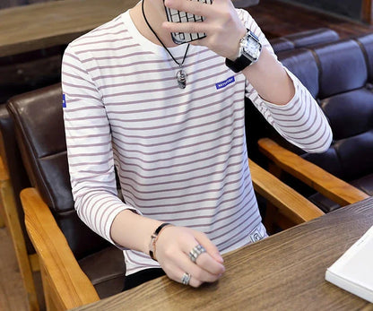 T Shirts for Men Stripe Tops Red Cotton Male Clothes Round Neck Harajuku Fashion Sale High Brand Regular Fit It Full Sleeve Tee