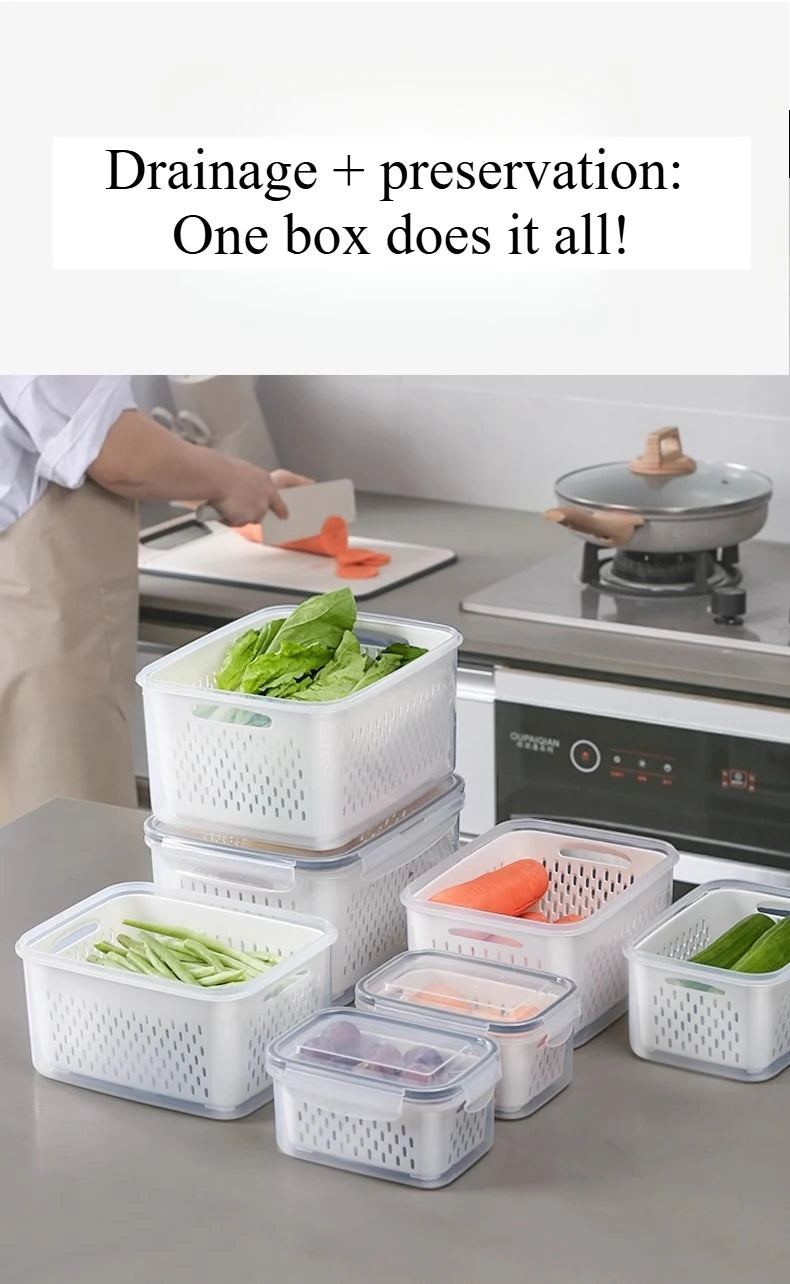 1- 3Pcs Refrigerator Organizer Boxes Fresh Fruit & Vegetable Keep - Fresh Containers with Draining Baskets Kitchen Storage Box