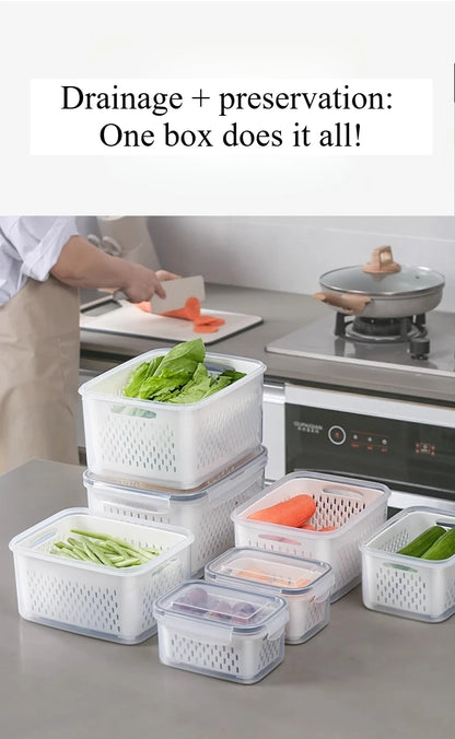 1- 3Pcs Refrigerator Organizer Boxes Fresh Fruit & Vegetable Keep - Fresh Containers with Draining Baskets Kitchen Storage Box
