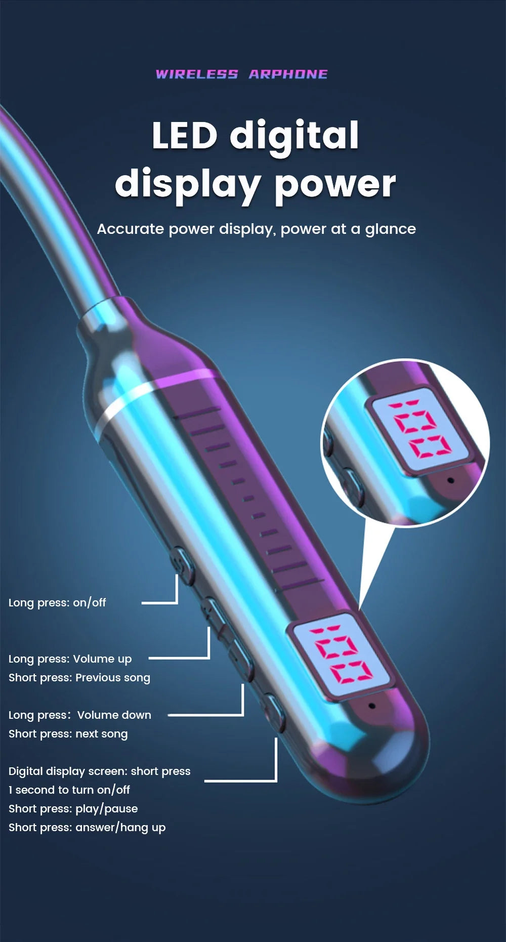 Wireless Headset 5.3 Neck Strap Headset Gaming LED display Stereo Sports headset with magnetic earbuds