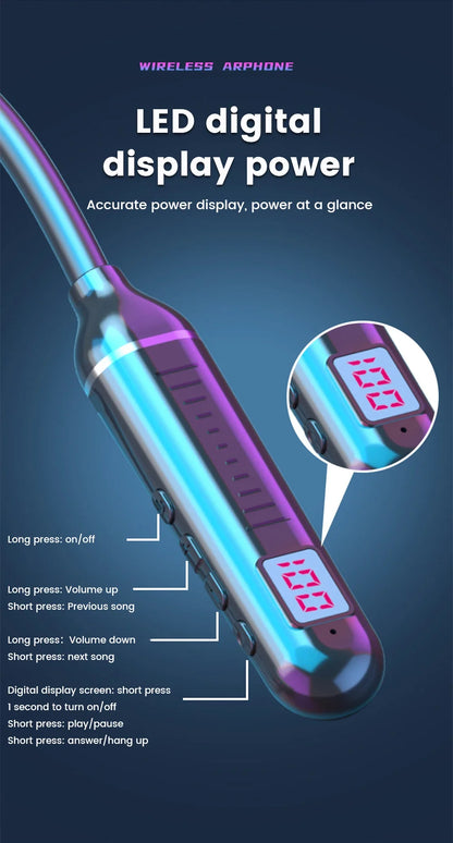 Wireless Headset 5.3 Neck Strap Headset Gaming LED display Stereo Sports headset with magnetic earbuds