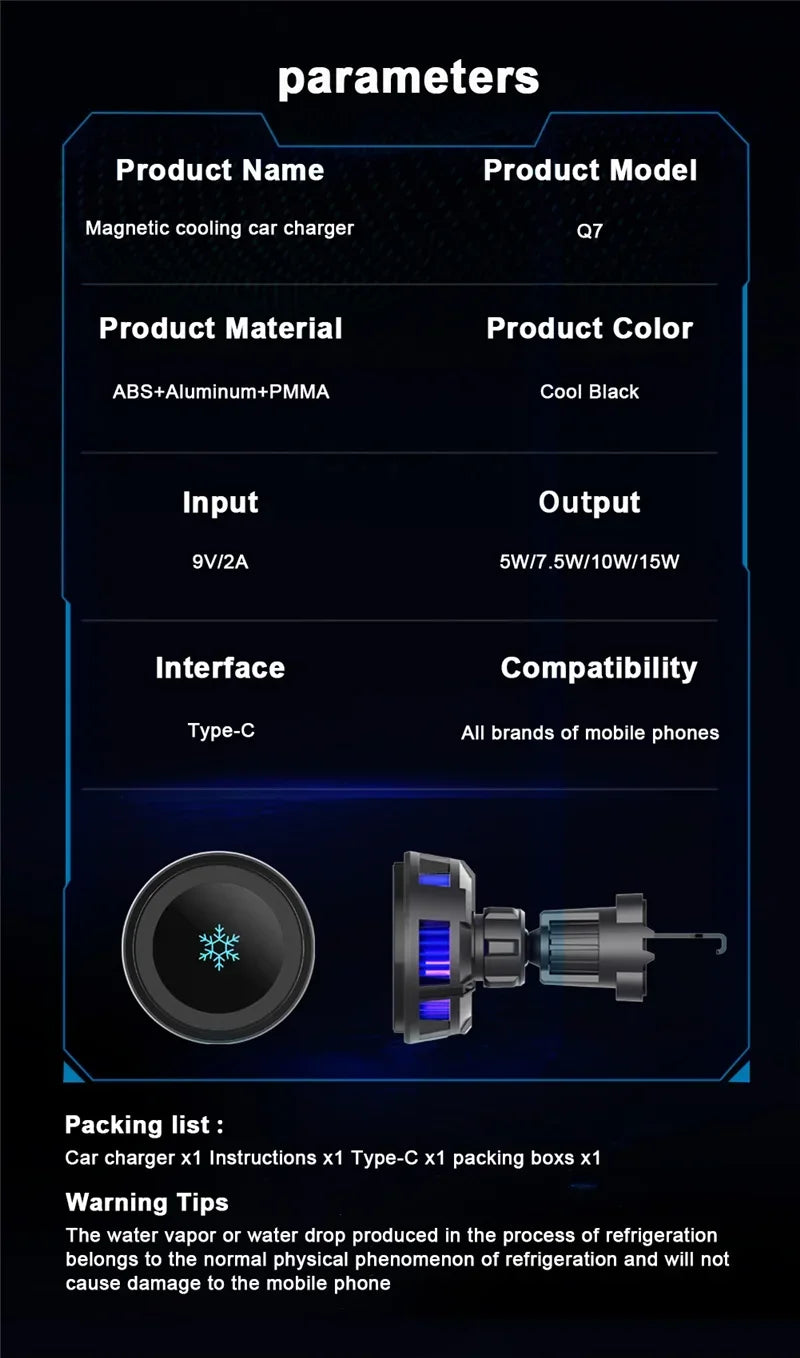 Car Wireless Charger Cooling Magnetic Car Phone Holder Mount Fast Car Charging Stand for Macsafe iPhone 15 14 13 12 Pro Max Mini