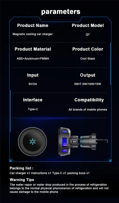 Car Wireless Charger Cooling Magnetic Car Phone Holder Mount Fast Car Charging Stand for Macsafe iPhone 15 14 13 12 Pro Max Mini