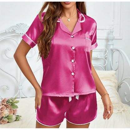 Women Silk Satin Pajamas Set Two-piece Pj Sets Sleepwear Loungewear Button-Down Pajama Women 2 Piece Pijama Homewear Shorts Set