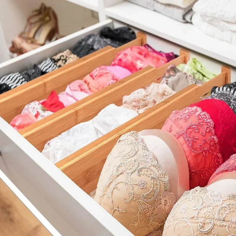 4Pcs Bamboo Drawer Dividers Bedroom Kitchen Drawer Storage Adjustable Expandable Drawer Dividers for Cupboard Cabinet Wardrobe