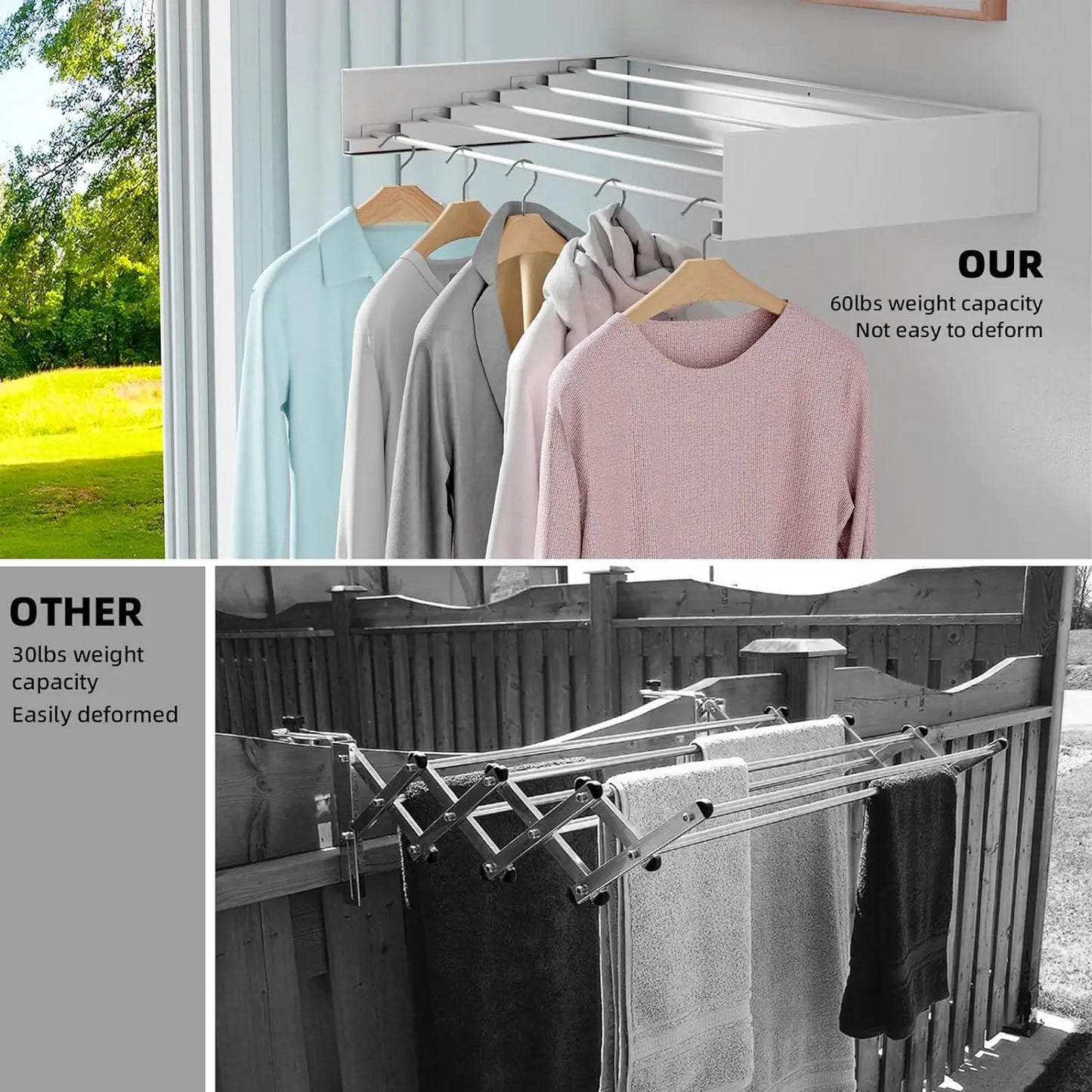 80cm Wall Mounted Laundry Drying Rack White Metal Clothes Drying Rack 5 Rods Space Saving Laundry Racks for Drying Towel Shoes