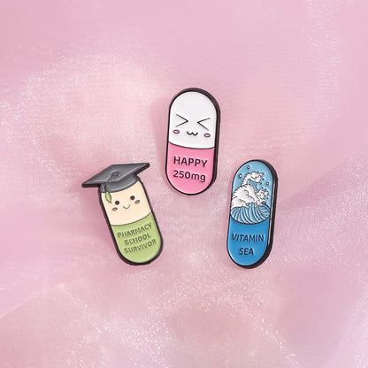 Happy Capsule Pill Enamel Pin Vitamin Sea Pharmacy School Survivor Pharmacist Brooch Badge Jewelry Gift For Medical Student