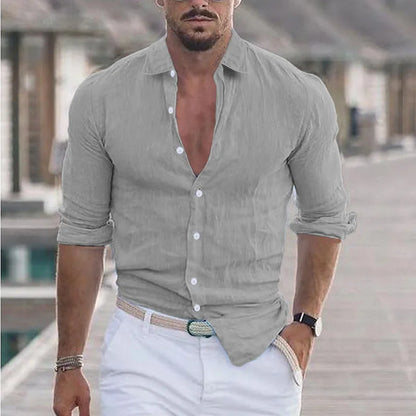 High quality men's solid color cotton long sleeve shirt lapel Fashion casual loose street soft breathable cotton clothing