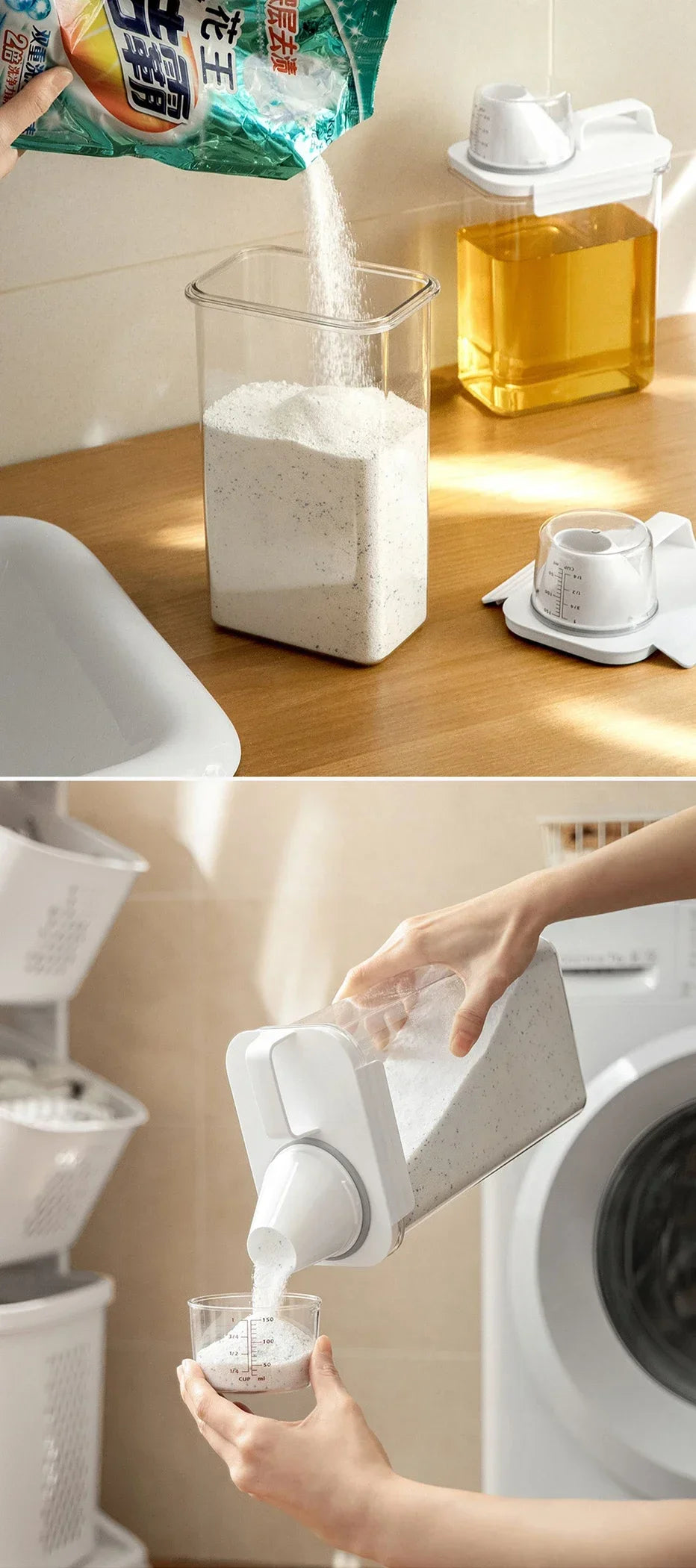 Detergent Dispenser Refillable Laundry Detergent Dispenser Empty Powder Tank Softener Bleach Storage Container with Scale